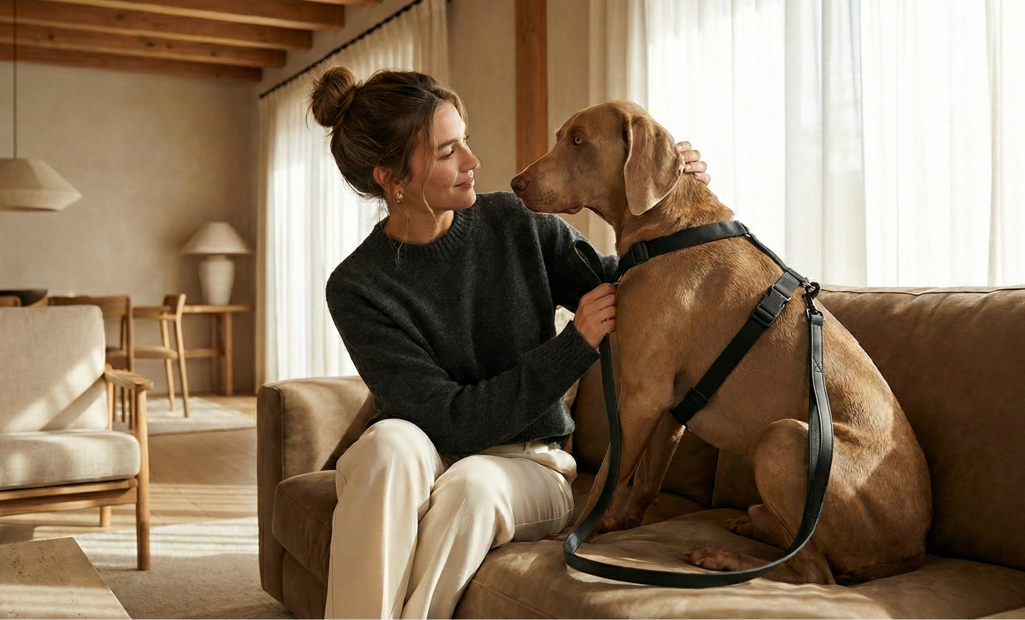 Woman with Weimaraner dog on leather sofa — premium pet lifestyle